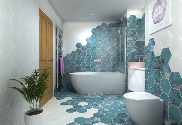 image of 3D CGI bathroom design of a white freestanding bath with blue hexagonal wall and floor tiles and white toilet and vanity unit